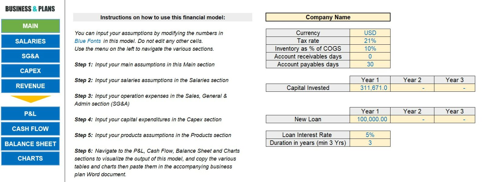 Food truck financial plan template in Excel