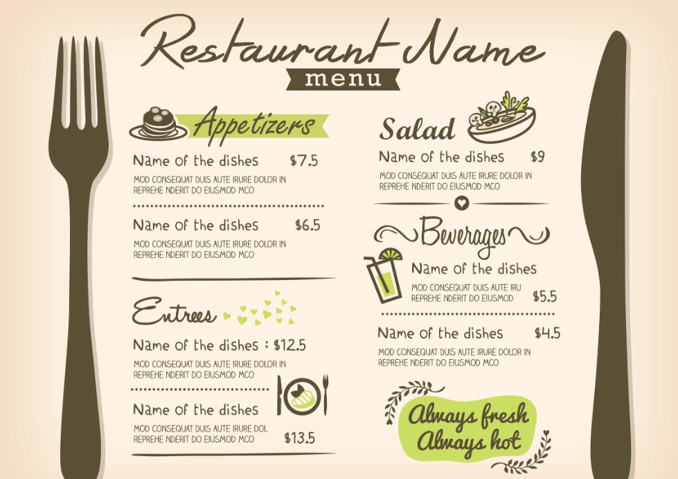 F&B menu example for business plan