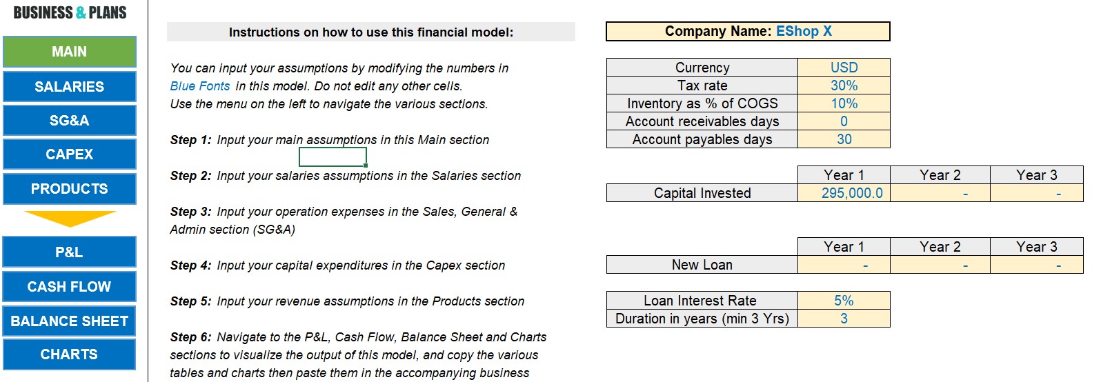 E-commerce financial plan in Excel