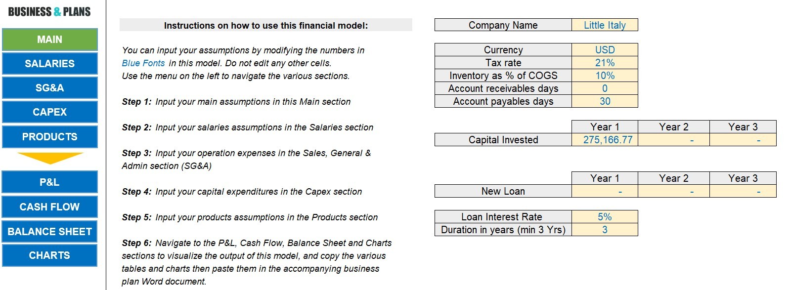 Pizzeria financial plan in Excel