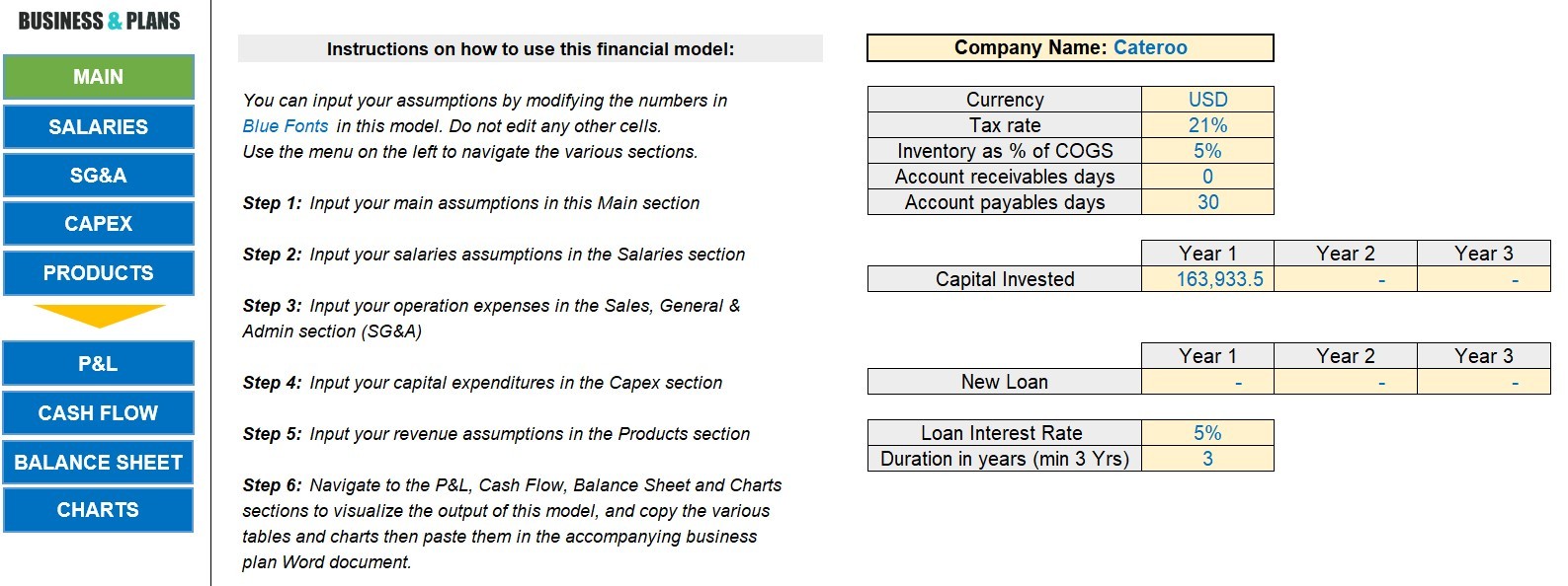 Catering financial plan template in Excel