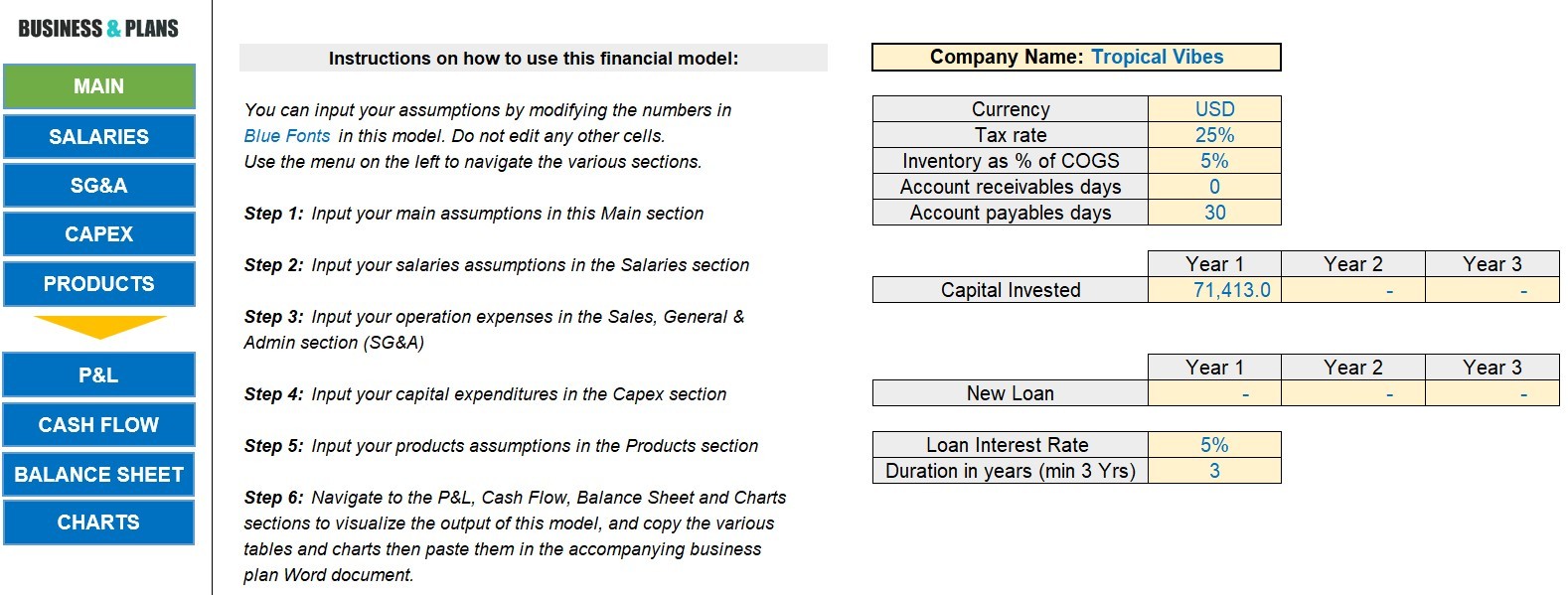 Juice bar financial plan template Excel