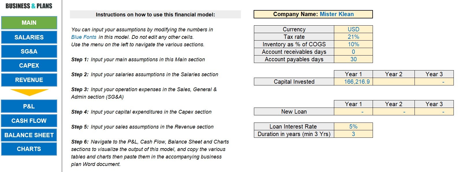 laundry financial plan in Excel