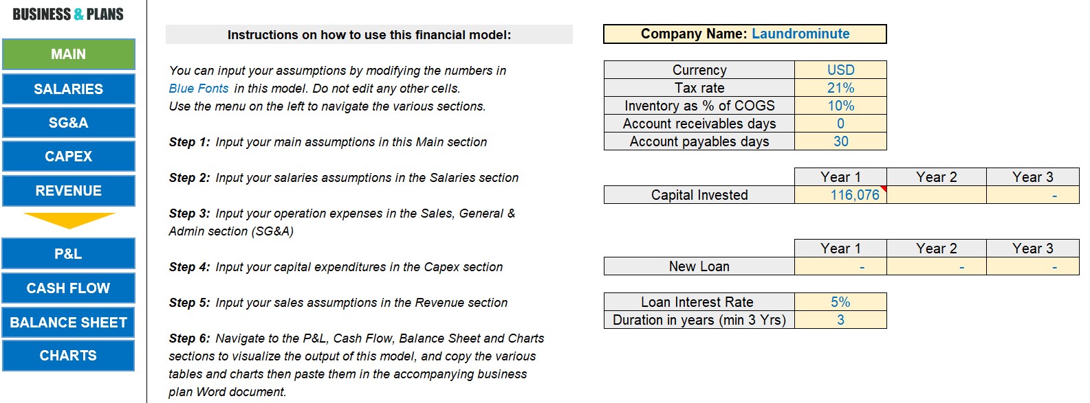 Laundromat financial plan spreadsheet in Excel